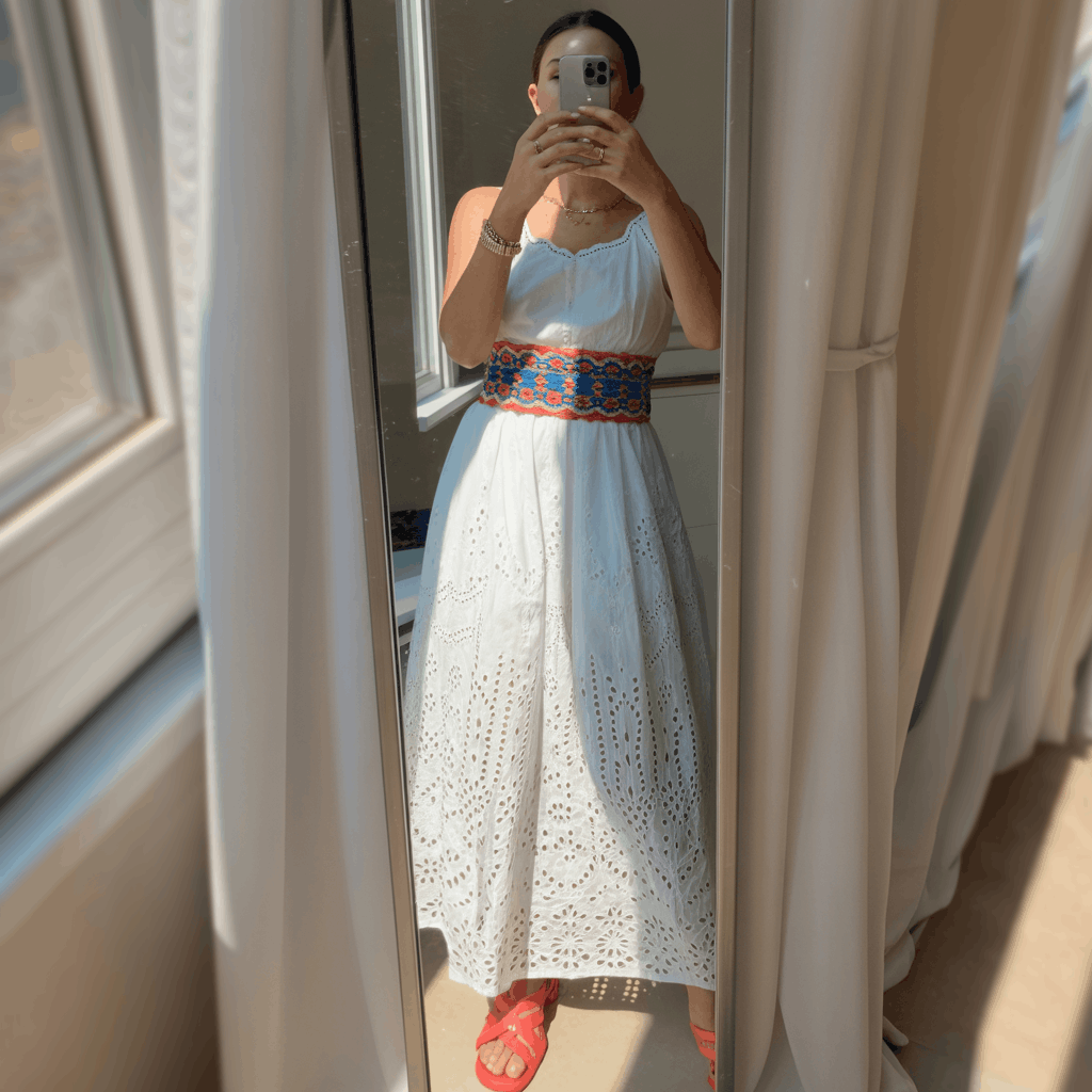 35 Cinco de Mayo Outfit Women Guide: Dress for Your Vibe, Not Just the Holiday 11 Cinco de Mayo Outfit Women Guide featuring a white broderie anglaise sundress with a colorful woven belt and vibrant sandals for a breezy, elegant festive look