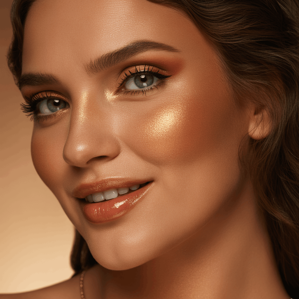 Close-up of a woman with a warm bronze makeup look, terracotta blush, gold shimmer highlight, bronze mascara, and nude gloss