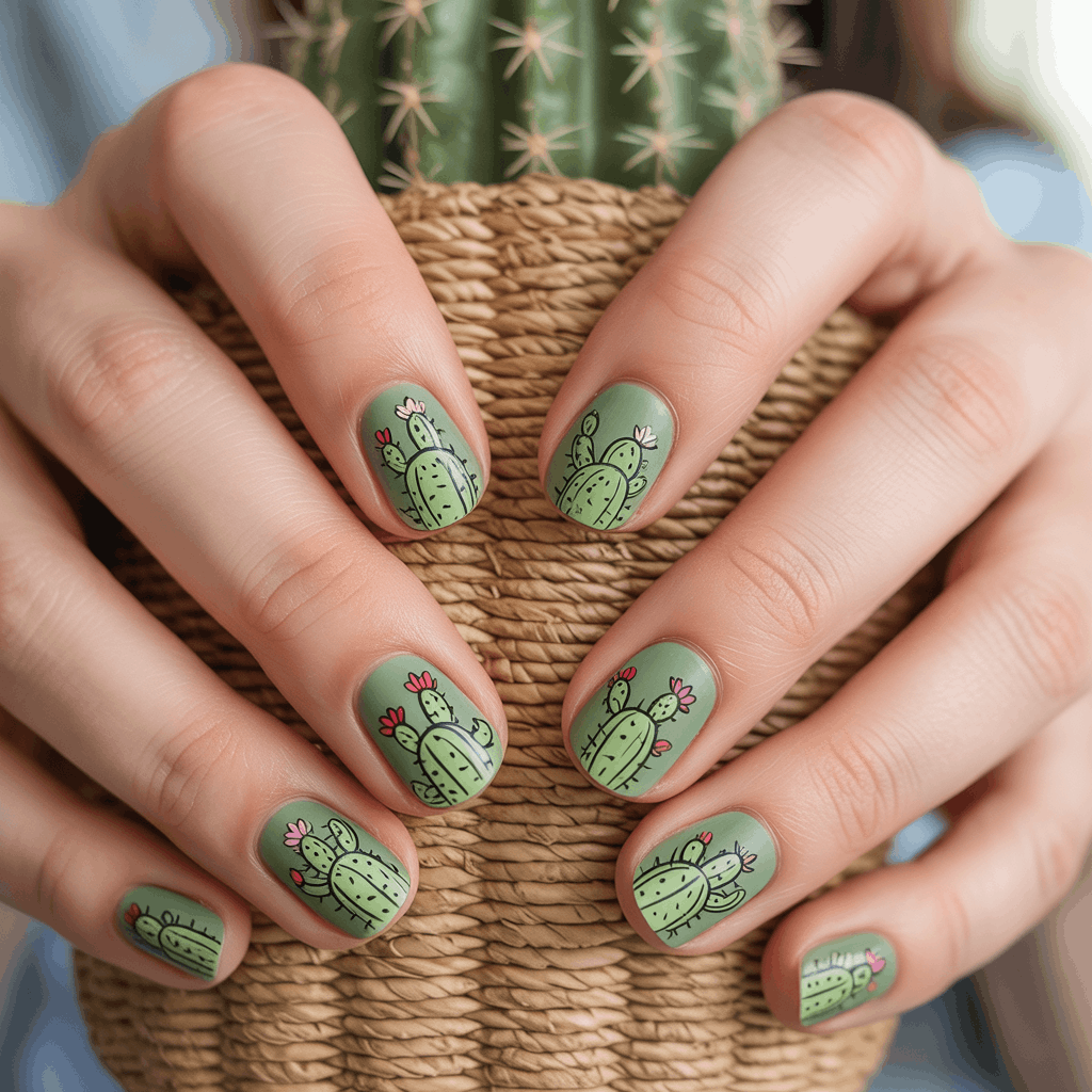 21 Cinco de Mayo Nails Ideas for the Most Stunning Festive Manicure 14 Cactus Nail Art on Sage Green