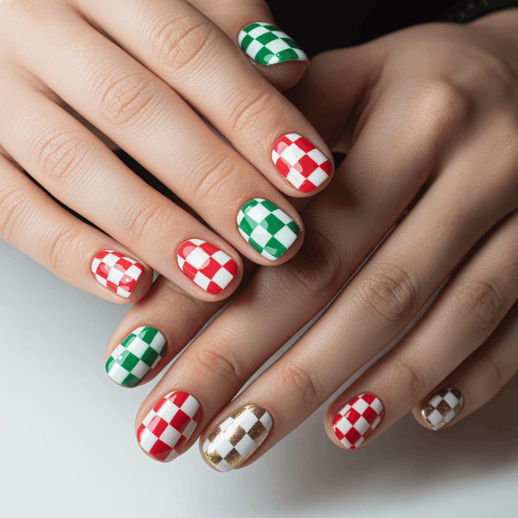 21 Cinco de Mayo Nails Ideas for the Most Stunning Festive Manicure 9 Checkerboard Cinco de Mayo nails with red and white or green and gold patterns, glossy retro-inspired nail art featuring bold festive geometric designs