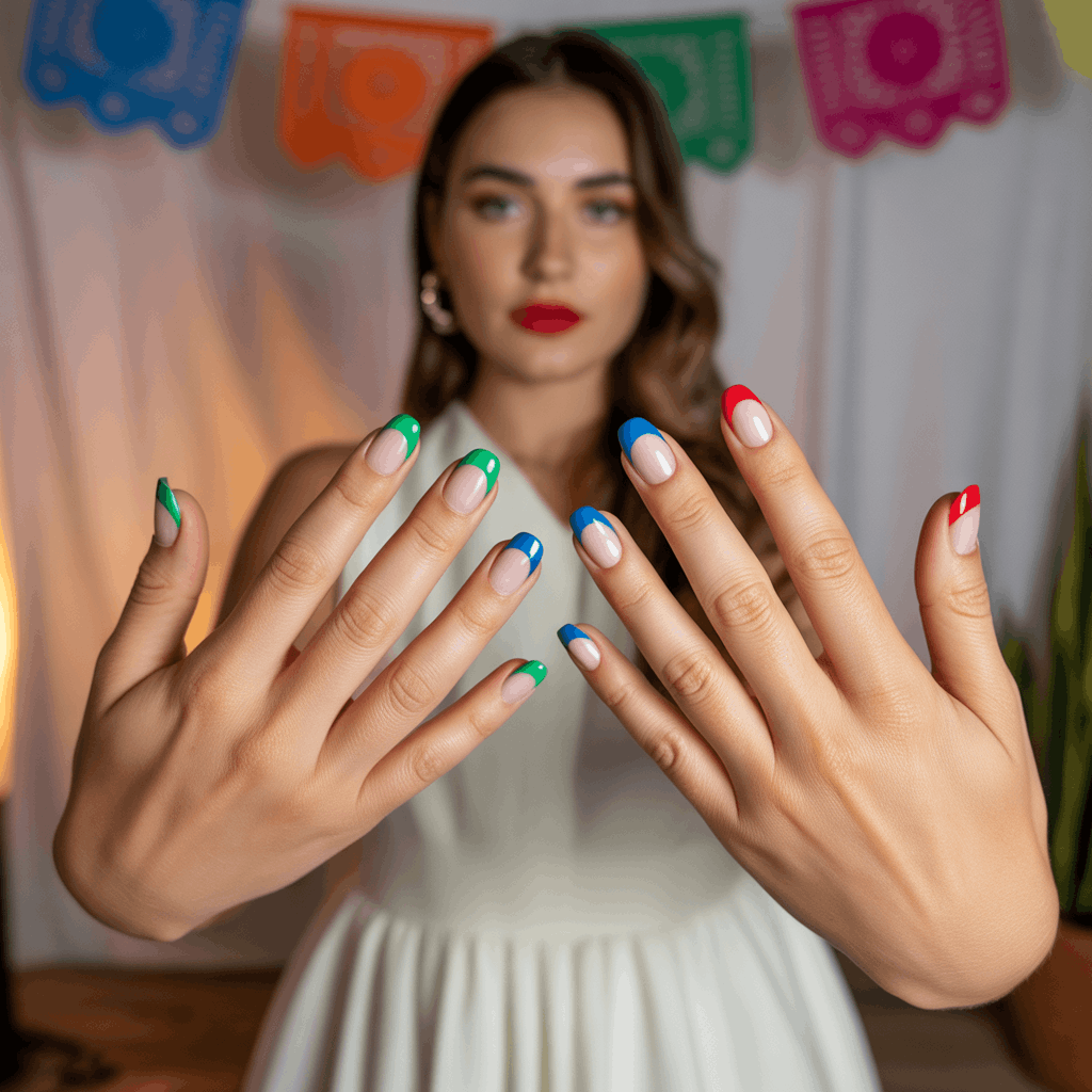 21 Cinco de Mayo Nails Ideas for the Most Stunning Festive Manicure 8 Festive French tip Cinco de Mayo nails with red, cobalt blue, and emerald green tips on a nude base, elegant colorful manicure with glossy finish