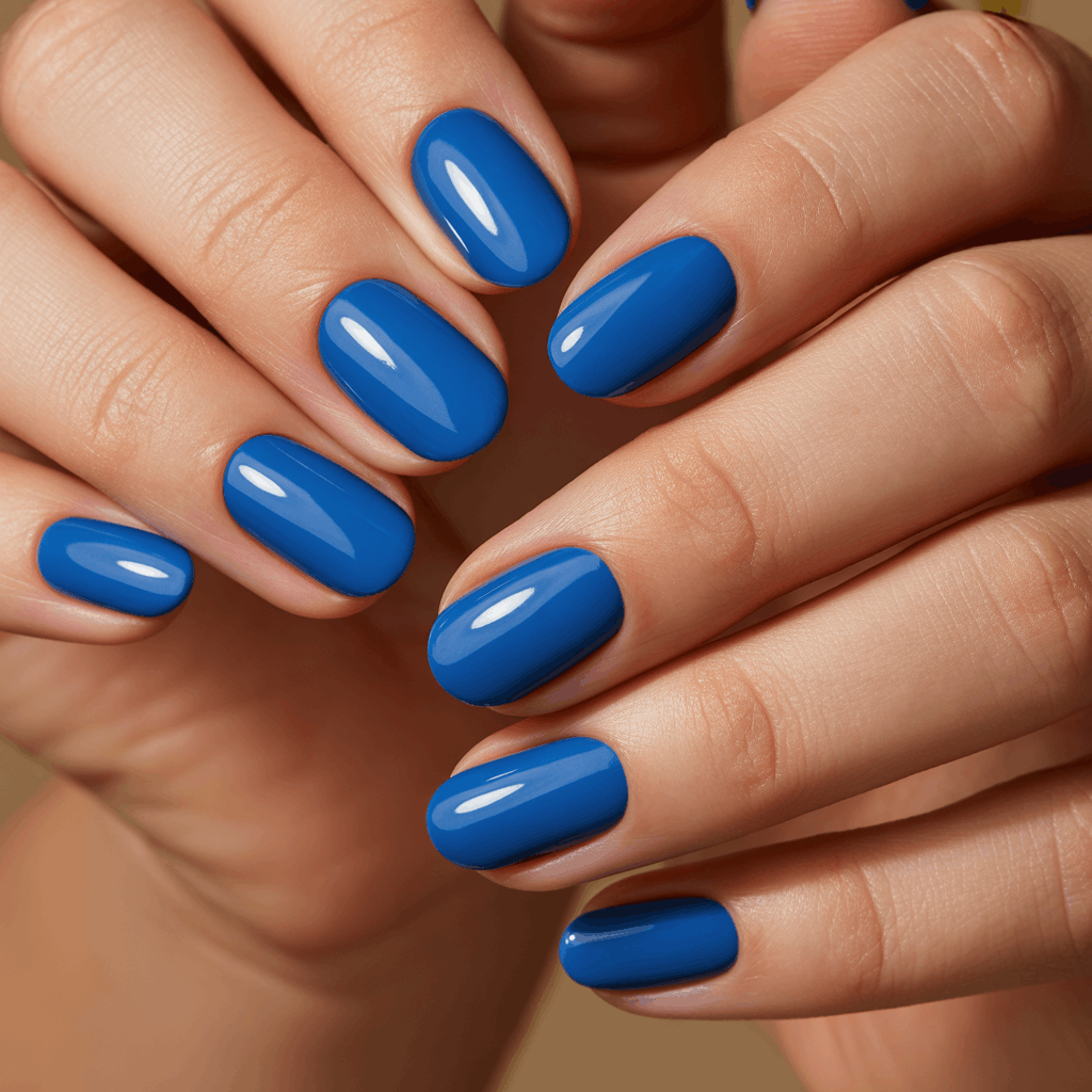 21 Cinco de Mayo Nails Ideas for the Most Stunning Festive Manicure 3 Cobalt blue Cinco de Mayo nails with a glossy high-shine finish, bold vibrant manicure paired with warm-toned styling for a festive and modern look.