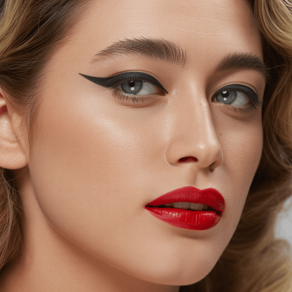 Close-up of a woman wearing a classic red lip, sharp black winged liner, and smooth natural-looking skin