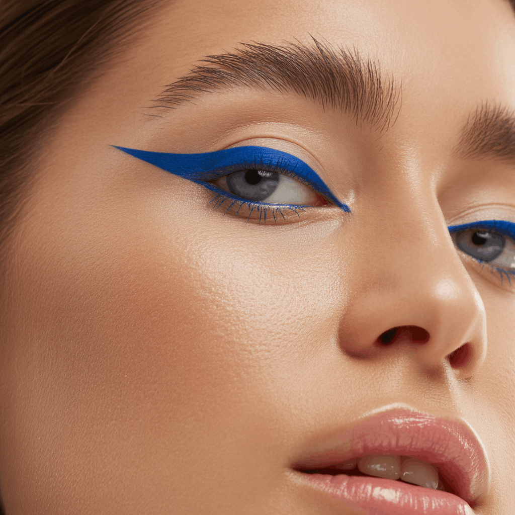 Close-up of a woman with glossy skin, brushed brows, clear gloss, and a bold cobalt blue graphic liner swipe across the upper lid