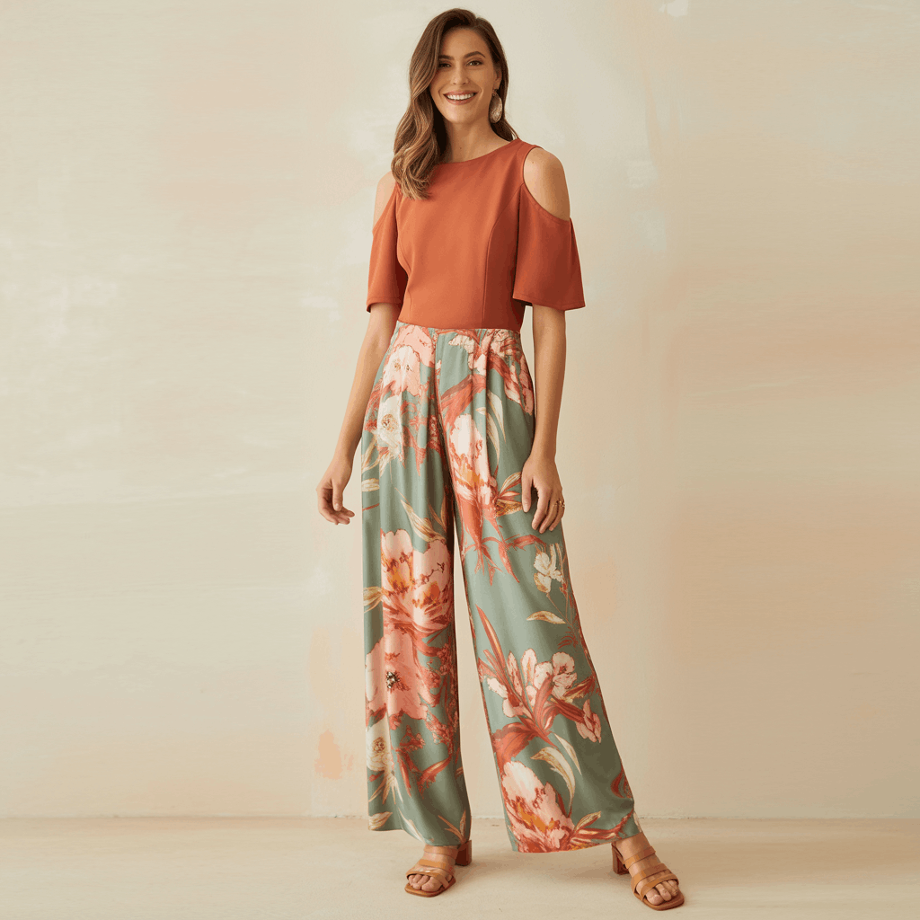 31 Cinco de Mayo Outfits Women Will Love (Because Life's Too Short to Wear Boring Colors) 22 Woman wearing a warm-toned cold-shoulder top with printed wide-leg pants and strappy flat sandals for a polished afternoon Cinco de Mayo outfit.