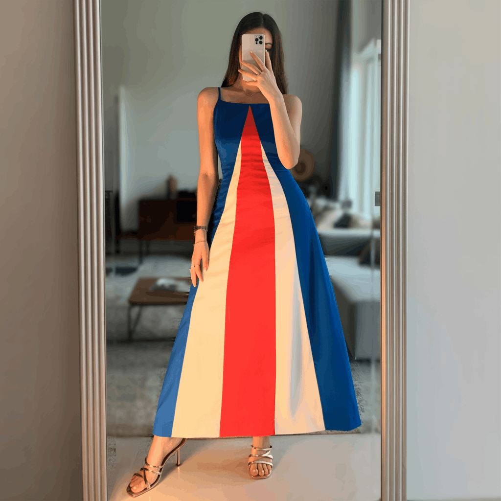 35 Cinco de Mayo Outfit Women Guide: Dress for Your Vibe, Not Just the Holiday 16 Cinco de Mayo Outfit Women Guide featuring a color-blocked maxi dress in bold cobalt, red, and warm white tones with strappy gold heeled sandals for a standout festive look