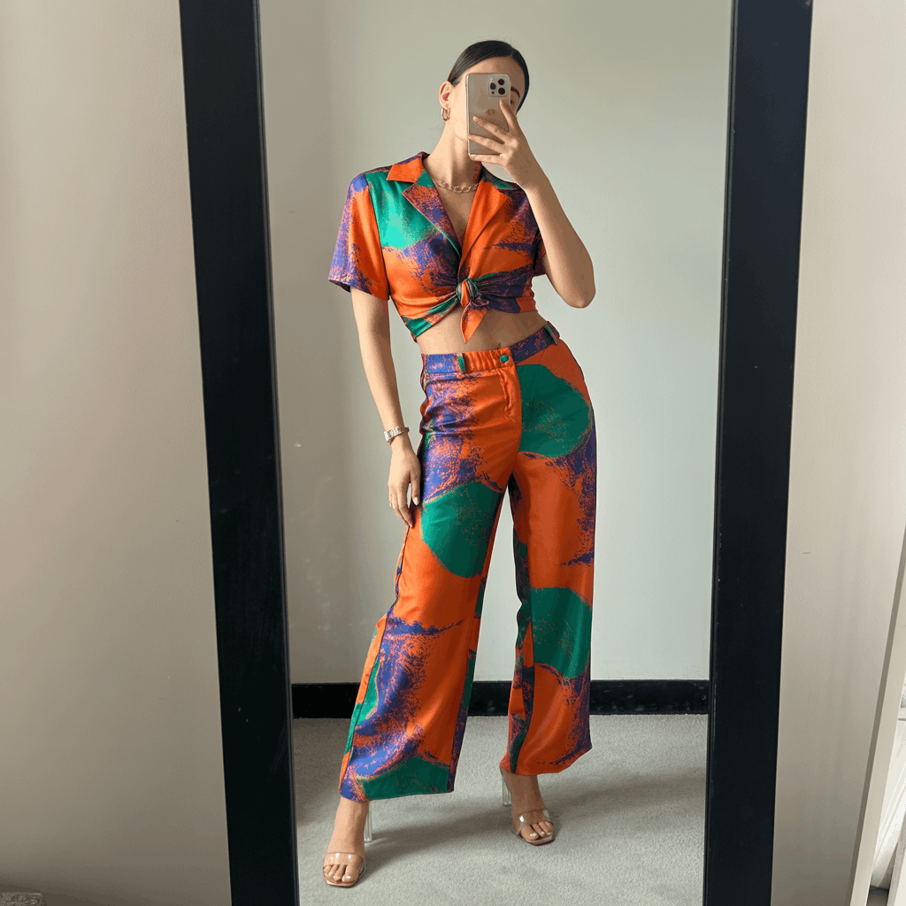 Colorful co-ord set with a matching crop top and wide-leg trousers in a vibrant print, styled with clear heeled sandals and minimal jewelry for a chic festive look.