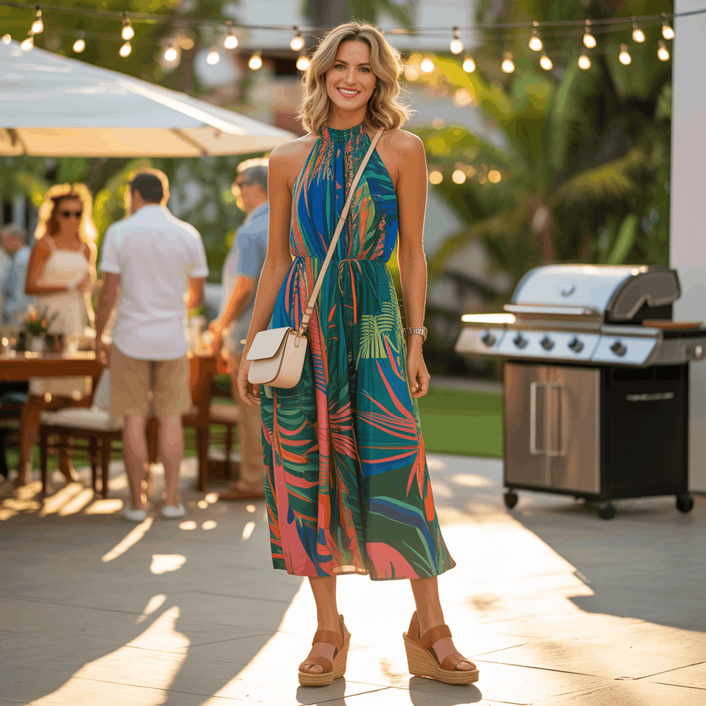 31 Cinco de Mayo Outfits Women Will Love (Because Life's Too Short to Wear Boring Colors) 12 Woman wearing a colorful halter dress with wedge sandals and a small crossbody bag for a festive afternoon Cinco de Mayo outfit