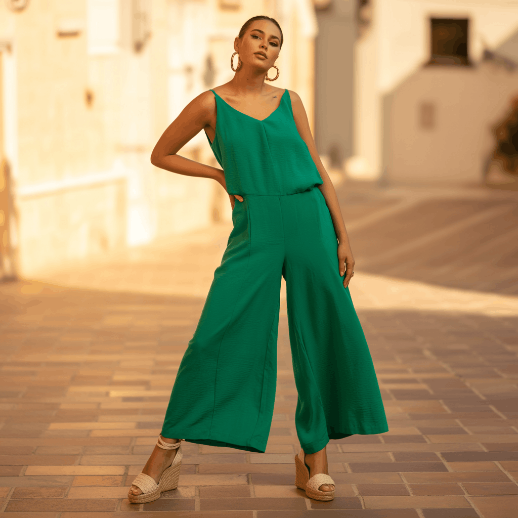 31 Cinco de Mayo Outfits Women Will Love (Because Life's Too Short to Wear Boring Colors) 20 Woman wearing a colorful wide-leg jumpsuit with espadrille wedges and gold hoop earrings for a bold afternoon Cinco de Mayo outfit.