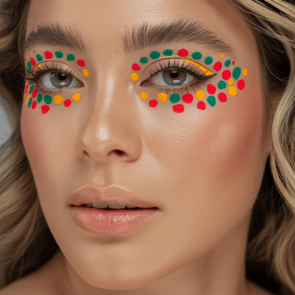 Close-up of a woman with tiny colorful liner dots along the upper lash line, glowy skin, clear brows, and a nude lip