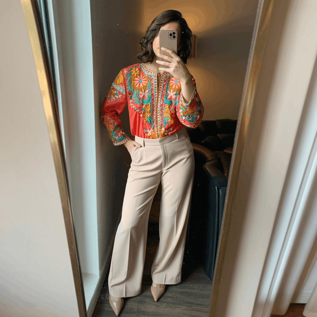 35 Cinco de Mayo Outfit Women Guide: Dress for Your Vibe, Not Just the Holiday 34 Cinco de Mayo Outfit Women Guide featuring a colorful printed blouse tucked into tailored neutral wide-leg trousers with pointed-toe flats or low block heels for a polished work-to-party look