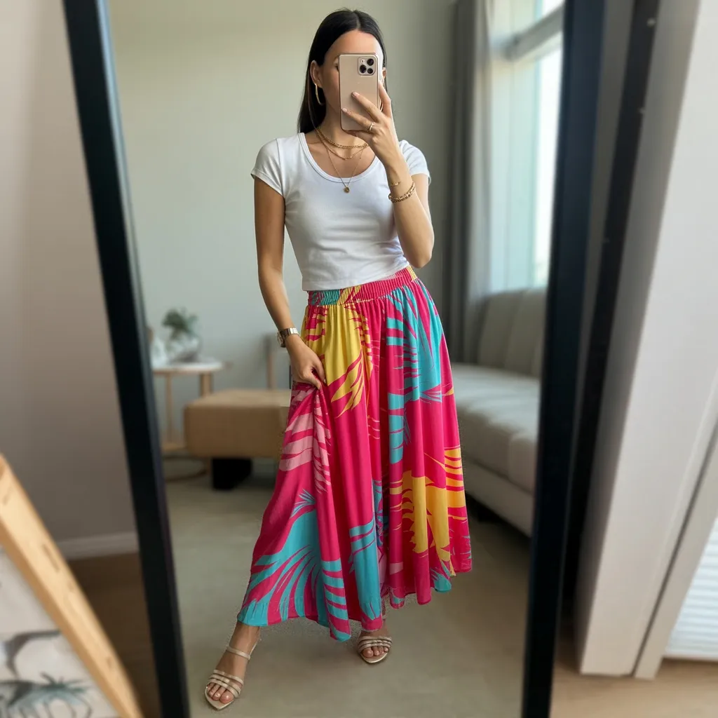 Colorful printed maxi skirt paired with a plain white baby tee, strappy sandals, and dainty gold jewelry for an easy festive outfit.