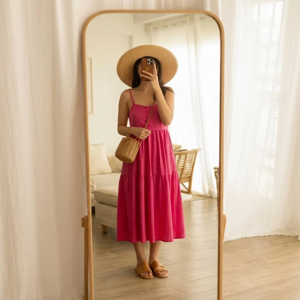 Colorful sundress in hot pink styled with an oversized straw hat, flat leather sandals, and a small wicker bag for an easy festive look.