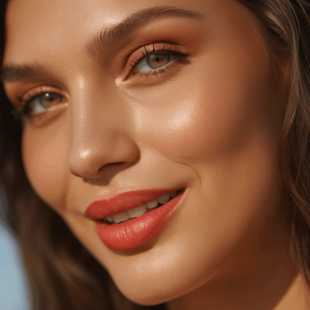 Close-up of a woman with a coral lip, bronzed glowing skin, soft peachy-brown mascara, and a warm sun-kissed makeup look