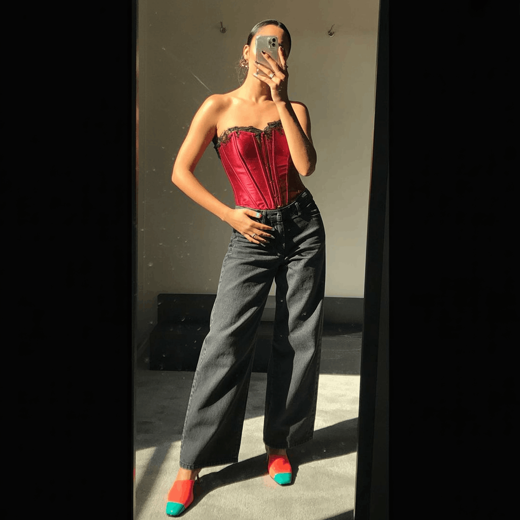 35 Cinco de Mayo Outfit Women Guide: Dress for Your Vibe, Not Just the Holiday 28 Cinco de Mayo Outfit Women Guide featuring a structured corset top with high-waisted wide-leg jeans and bold color-block or printed mules for an edgy festive party look