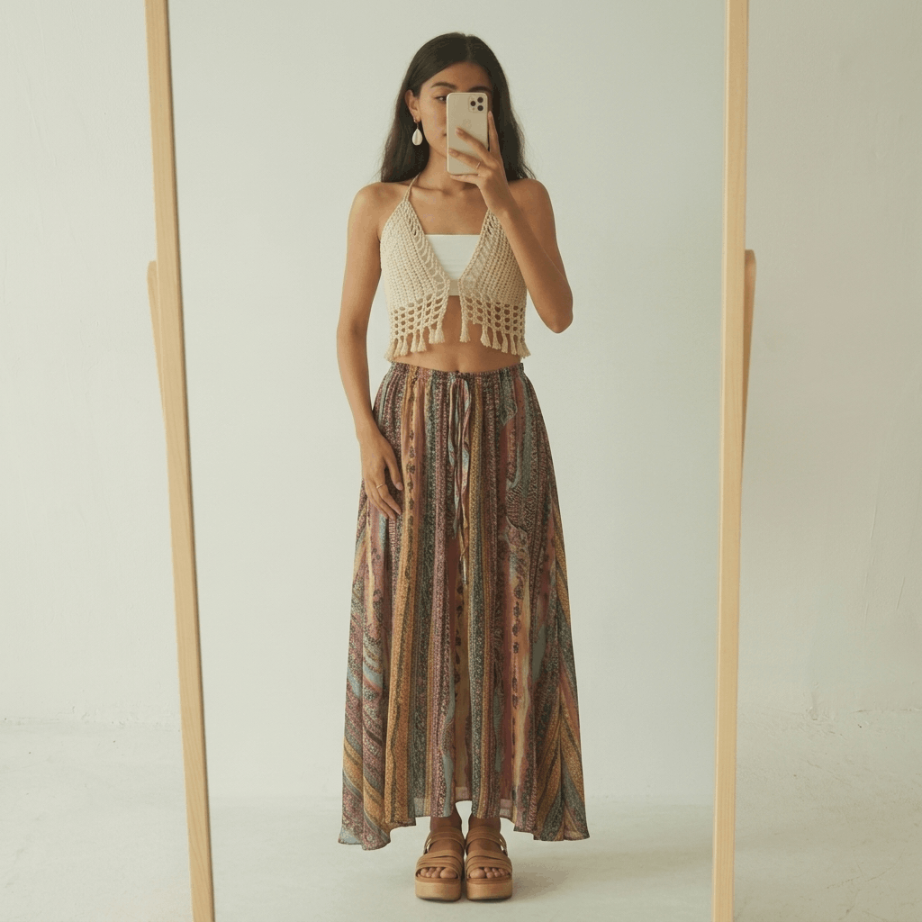Crochet top layered over a bandeau with a flowy printed maxi skirt, wooden platform sandals, and shell earrings for a boho festive look