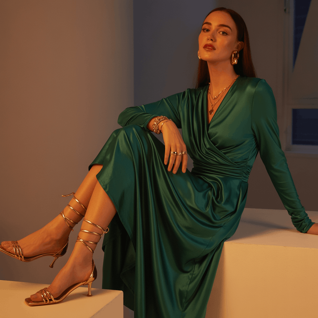 31 Cinco de Mayo Outfits Women Will Love (Because Life's Too Short to Wear Boring Colors) 25 Woman wearing a deep jewel-tone wrap dress with gold strappy heels and warm gold jewelry for an elegant evening Cinco de Mayo outfit
