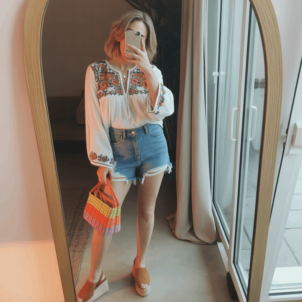 Denim shorts with an embroidered peasant blouse, platform espadrilles, and a colorful crossbody bag for a casual, breezy festive look