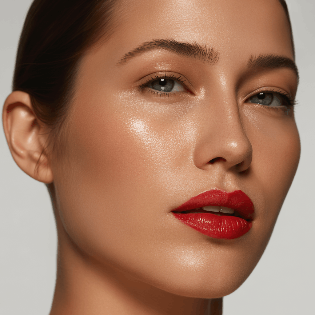 Close-up of a woman with dewy glass skin, luminous highlighted cheekbones, and a precise fiesta red lip