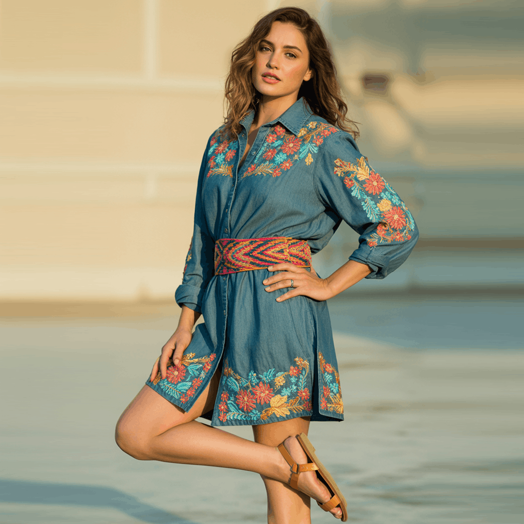 31 Cinco de Mayo Outfits Women Will Love (Because Life's Too Short to Wear Boring Colors) 11 Woman wearing an embroidered denim shirt dress with a colorful woven belt and tan sandals for an understated Cinco de Mayo outfit.