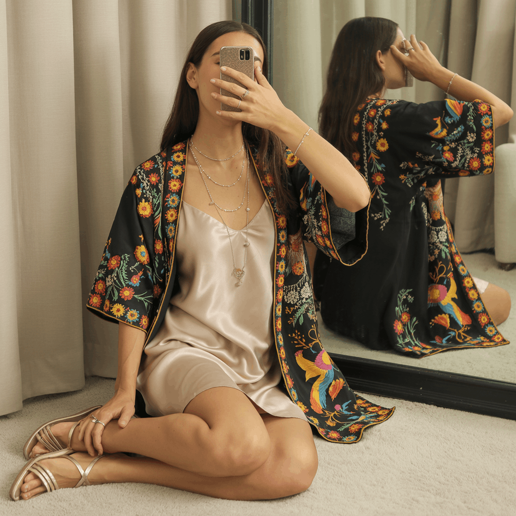 35 Cinco de Mayo Outfit Women Guide: Dress for Your Vibe, Not Just the Holiday 6 Cinco de Mayo Outfit Women Guide featuring a colorful embroidered kimono over an ivory slip dress, layered necklaces, and strappy flat sandals for a chic boho look