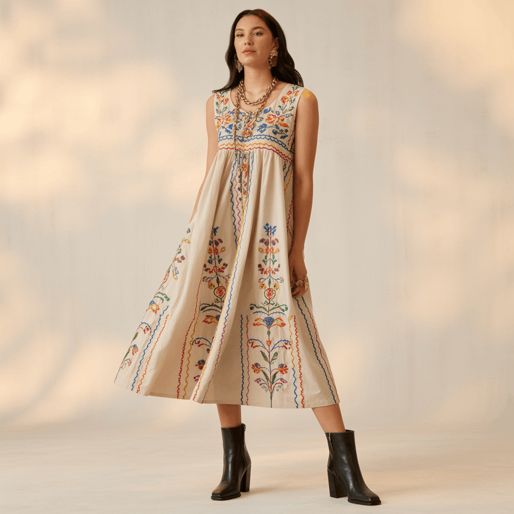 31 Cinco de Mayo Outfits Women Will Love (Because Life's Too Short to Wear Boring Colors) 29 Woman wearing an embroidered midi dress with heeled ankle boots, layered necklaces, and bold earrings for an evening Cinco de Mayo outfit