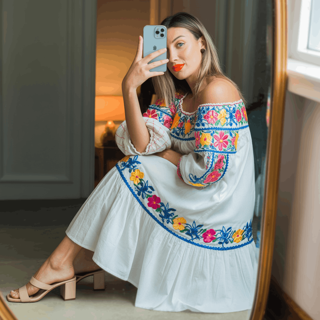 Embroidered peasant dress with colorful floral stitching, tiered hem, block-heeled sandals, and a bold berry or coral lip for a classic Cinco de Mayo look