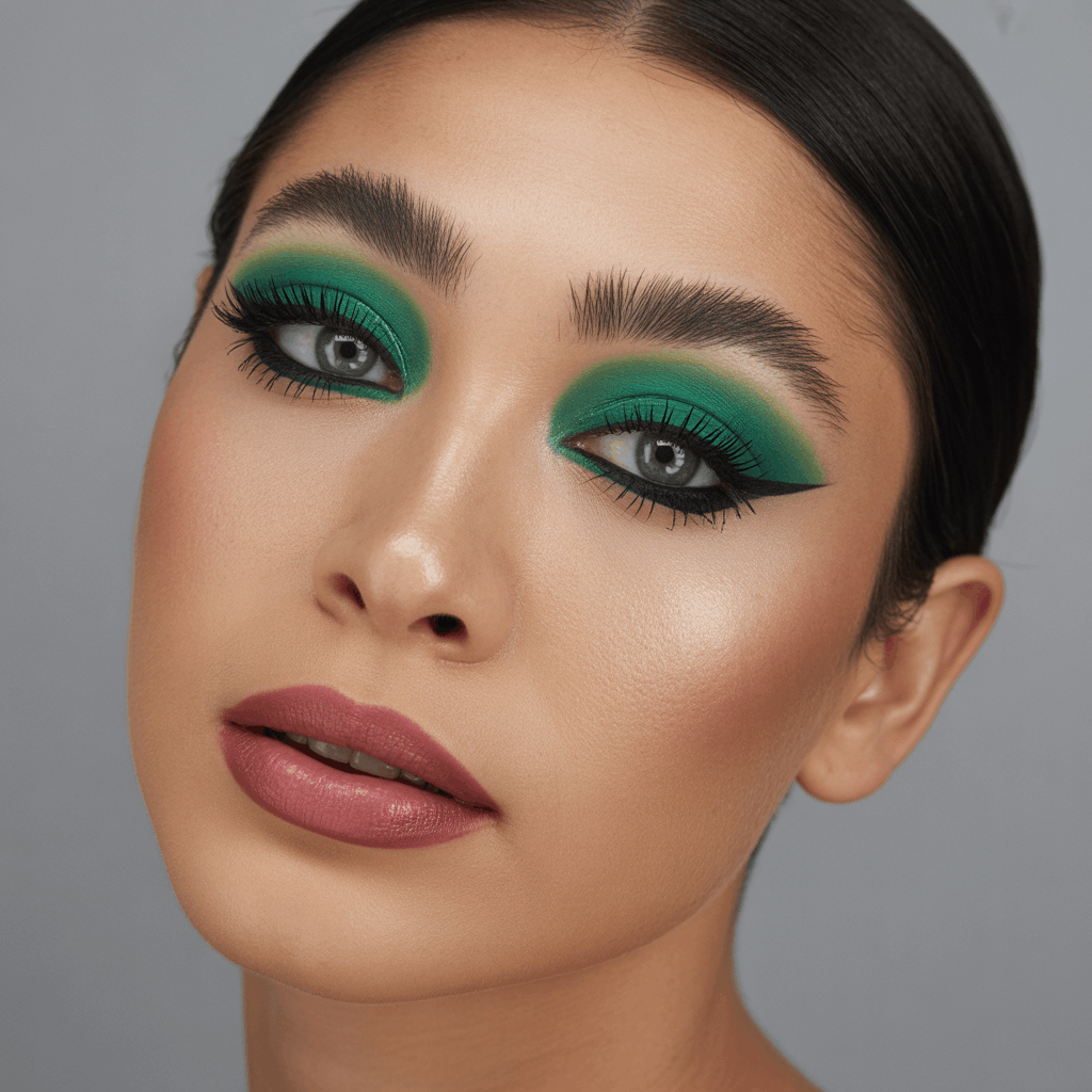 Close-up of a woman wearing a bold emerald green cut crease with sharp liner, black mascara, and a nude lip