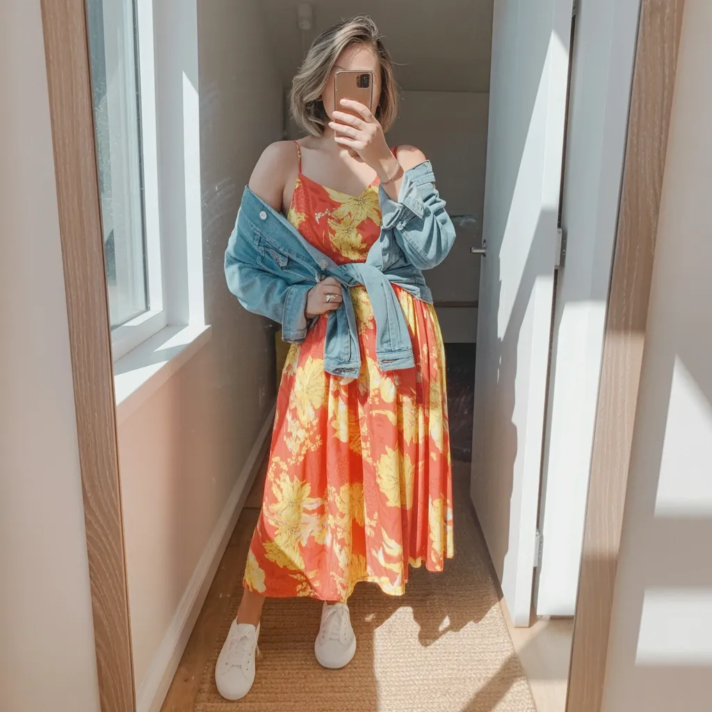 Bright printed sundress styled with a casual denim jacket, white sneakers or espadrille wedges for a versatile May 5th festive look