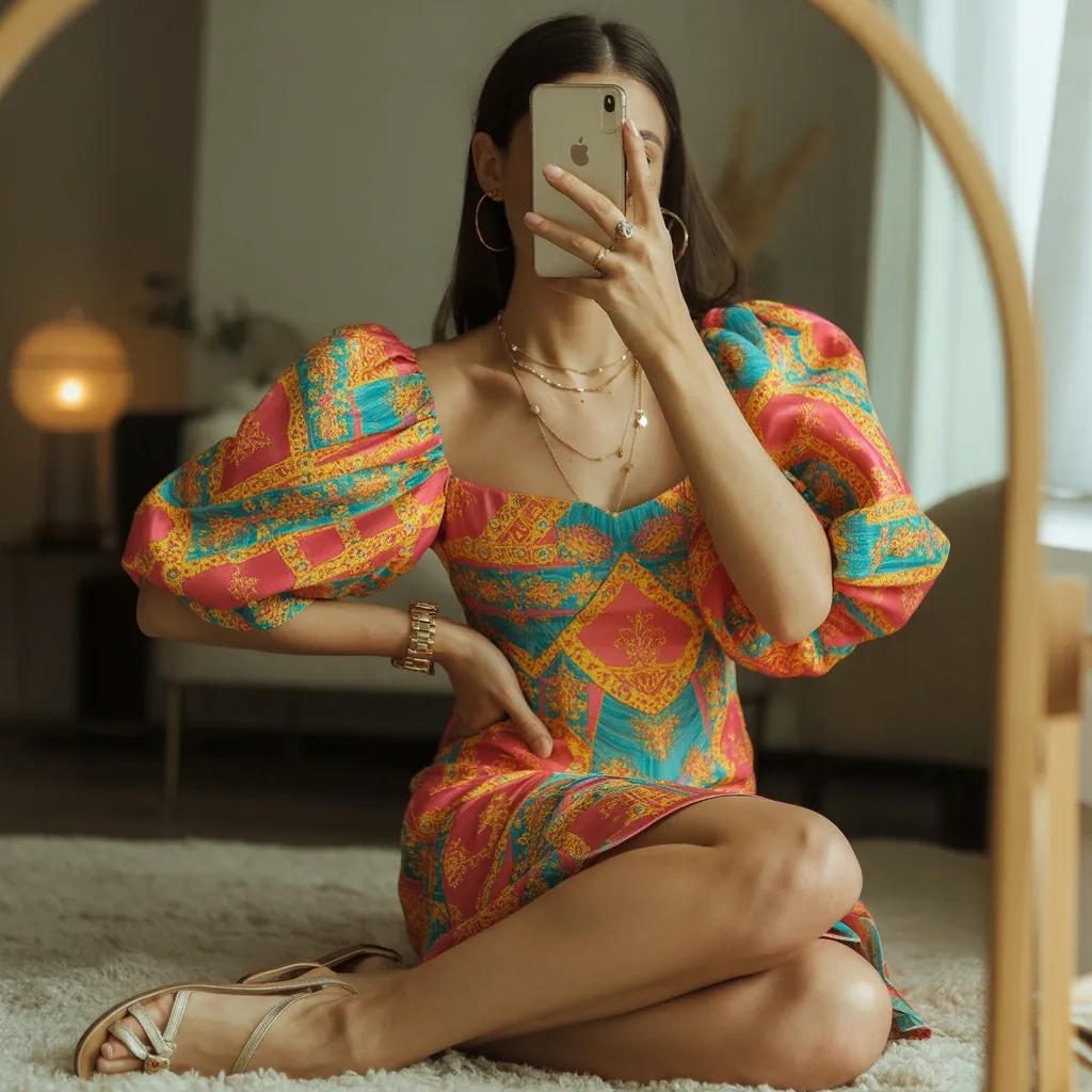 Flirty mini dress with puffed sleeves in a festive print, styled with strappy flat sandals and layered necklaces for a playful May 5th celebration look