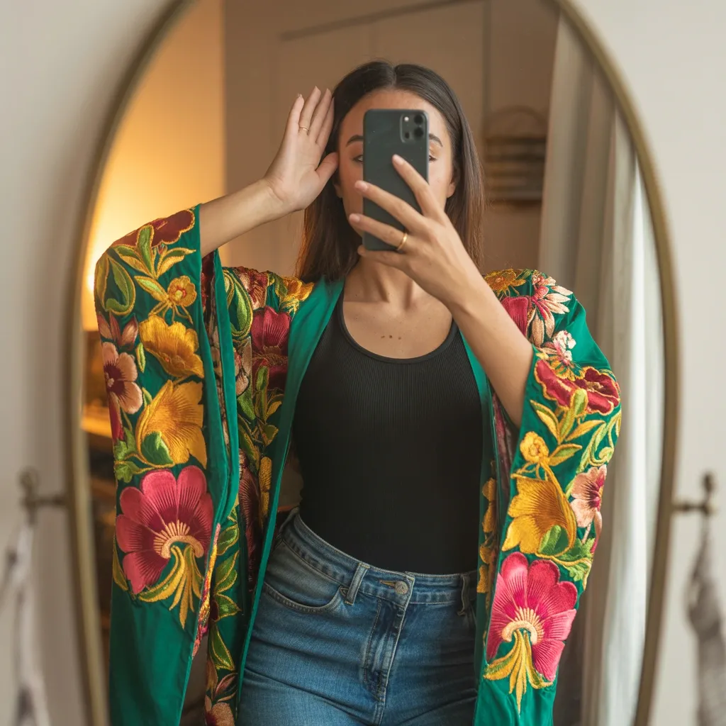 Vibrant floral kimono layered over a bodysuit with high-waisted jeans or a simple slip dress for a colorful festive look.