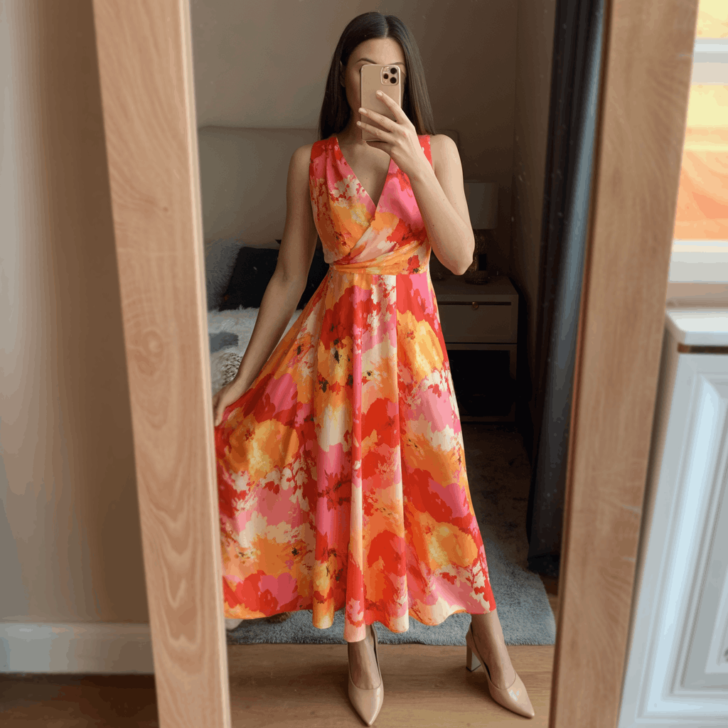 Floral midi wrap dress in warm fiesta tones with a cinched waist, flowy skirt, nude block heels or cobalt mules for a flattering festive look.