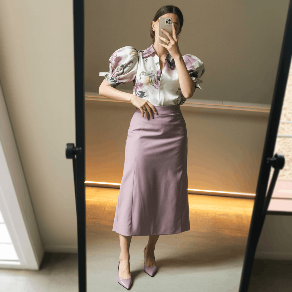 35 Cinco de Mayo Outfit Women Guide: Dress for Your Vibe, Not Just the Holiday 9 Cinco de Mayo Outfit Women Guide featuring a watercolor floral puff-sleeve blouse, tailored midi skirt, and low heels for a romantic desk-to-dinner festive look.