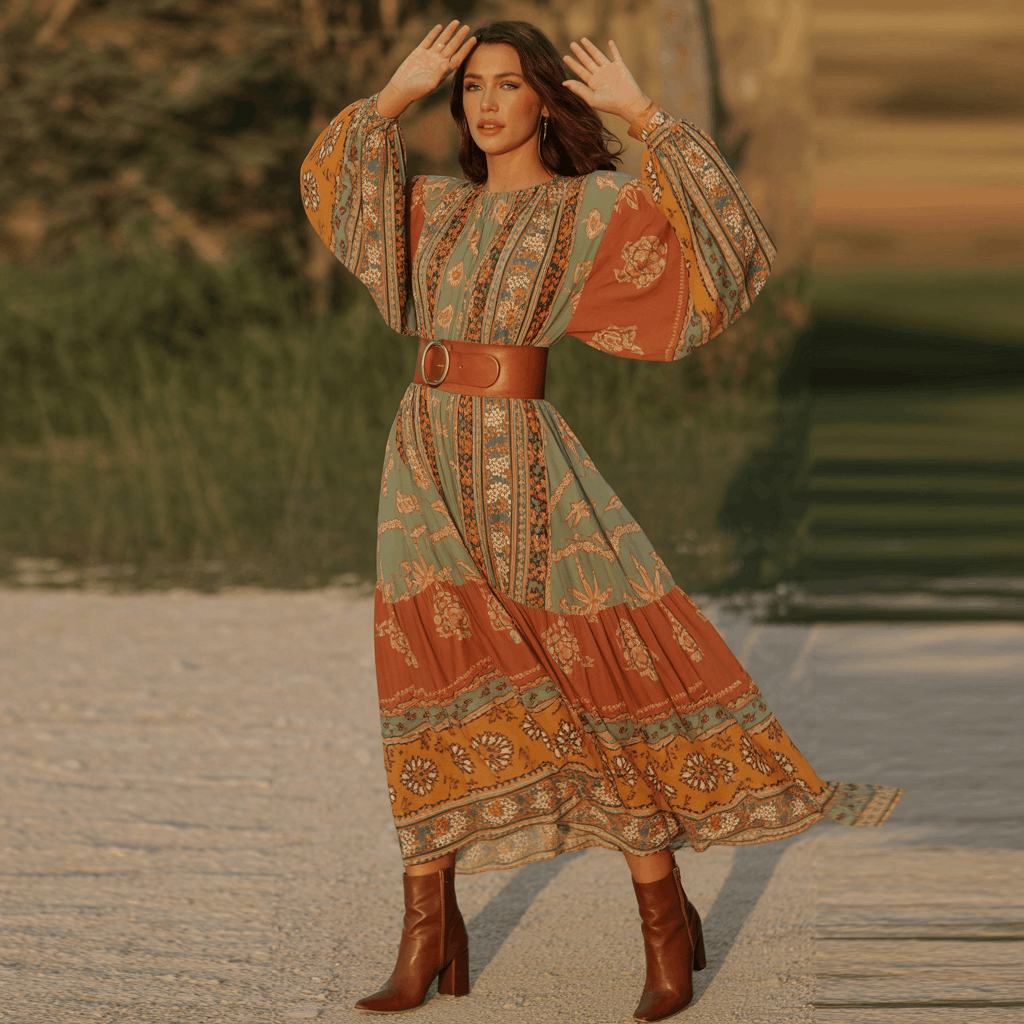 31 Cinco de Mayo Outfits Women Will Love (Because Life's Too Short to Wear Boring Colors) 18 Woman wearing a flowy boho maxi dress with a leather belt and heeled ankle boots for a cool, transitional Cinco de Mayo outfit.