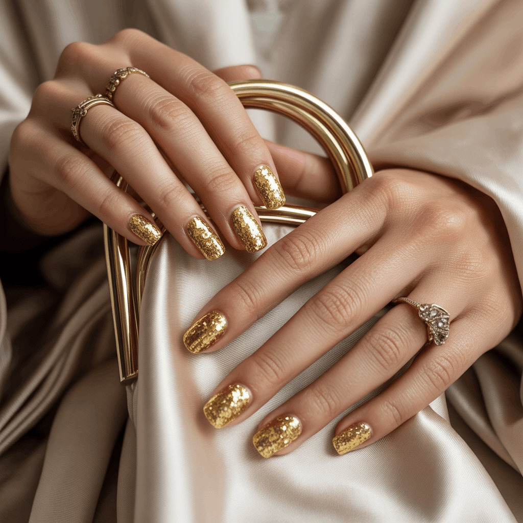 21 Cinco de Mayo Nails Ideas for the Most Stunning Festive Manicure 15 Full-coverage chunky gold glitter nails with a high-shine, textured sparkle covering all nails. The manicure reflects light intensely, creating a jewelry-like effect that looks bold, festive, and glamorous—perfect for a celebration or party evening look