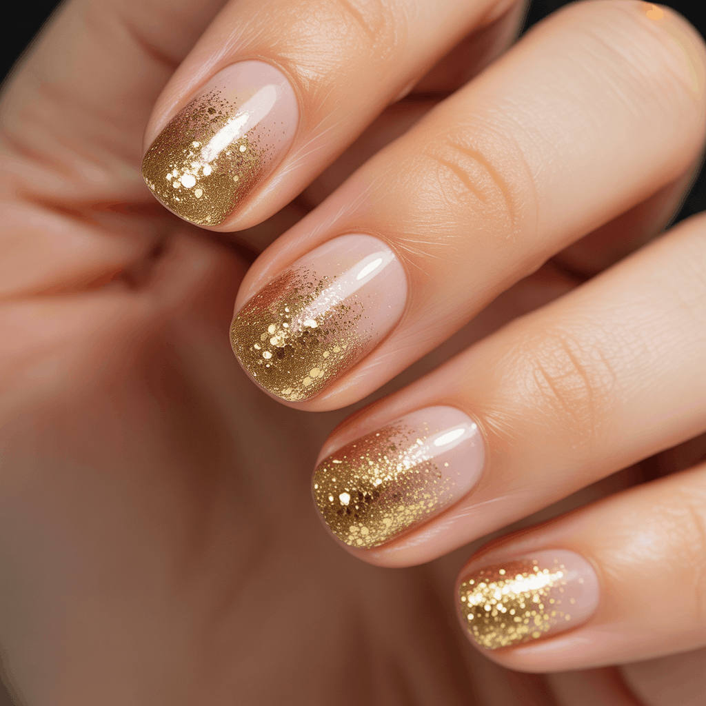 21 Cinco de Mayo Nails Ideas for the Most Stunning Festive Manicure 17 Glitter ombre nails fading from a nude base into soft gold shimmer at the tips.
A subtle, elegant gradient manicure with light sparkle for a festive yet wearable look.