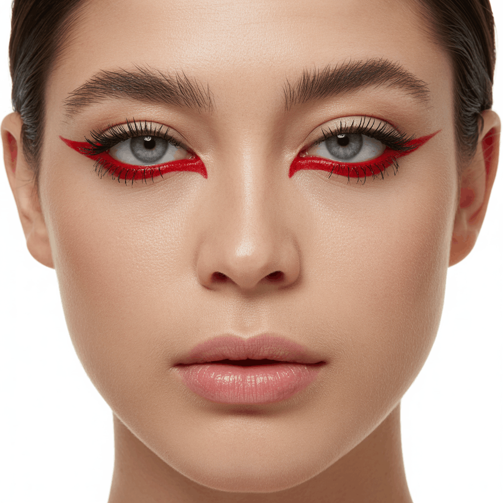 Close-up of a woman with bold red liner along the lower lash line, natural upper lids, mascara on the upper lashes, and a nude lip
