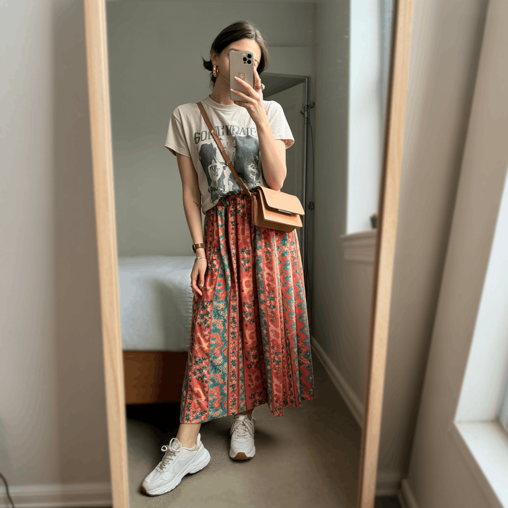 35 Cinco de Mayo Outfit Women Guide: Dress for Your Vibe, Not Just the Holiday 27 Cinco de Mayo Outfit Women Guide featuring a vintage-style graphic tee tucked into a bright printed maxi skirt with white chunky sneakers, hoop earrings, and a small crossbody bag for an edgy-casual festive look