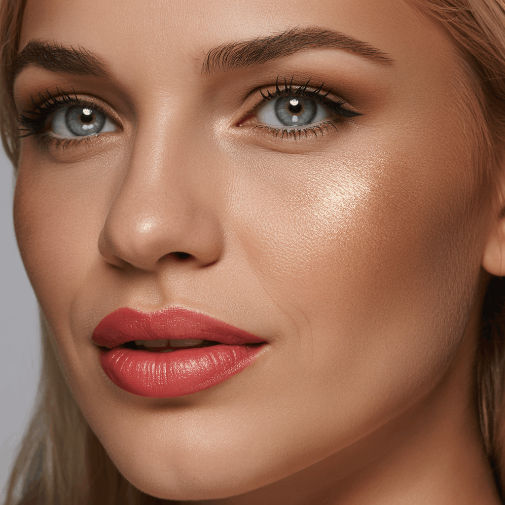 Close-up of a woman with bold filled brows, highlighted cheekbones, and a colorful coral, red, or berry lip