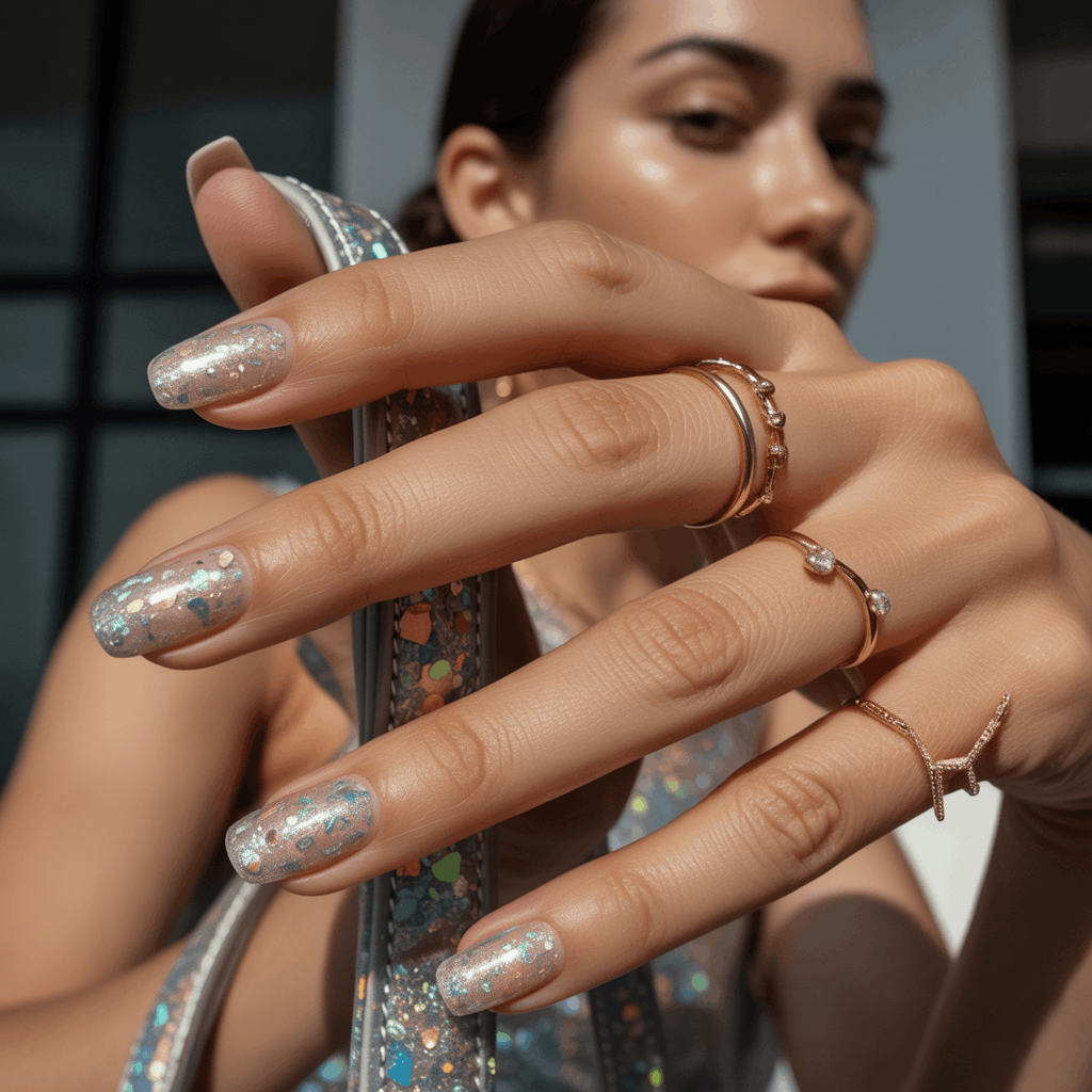 21 Cinco de Mayo Nails Ideas for the Most Stunning Festive Manicure 18 Holographic confetti nail polish with tiny multicolored glitter flecks that shift in light, creating a rainbow sparkle effect over the nails.