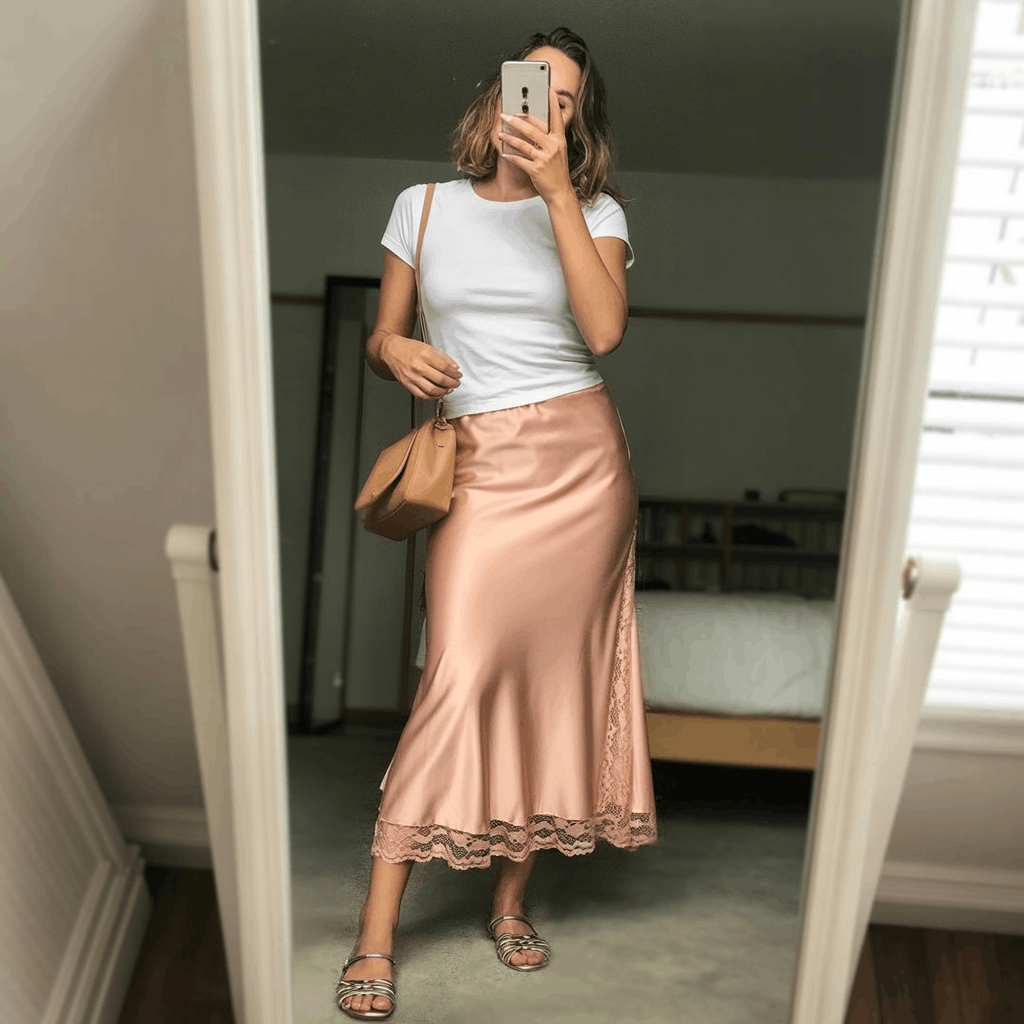 35 Cinco de Mayo Outfit Women Guide: Dress for Your Vibe, Not Just the Holiday 13 Cinco de Mayo Outfit Women Guide featuring a lace-trim midi slip skirt, fitted tee, strappy sandals or white sneakers, and a tan crossbody bag for a romantic-casual festive look
