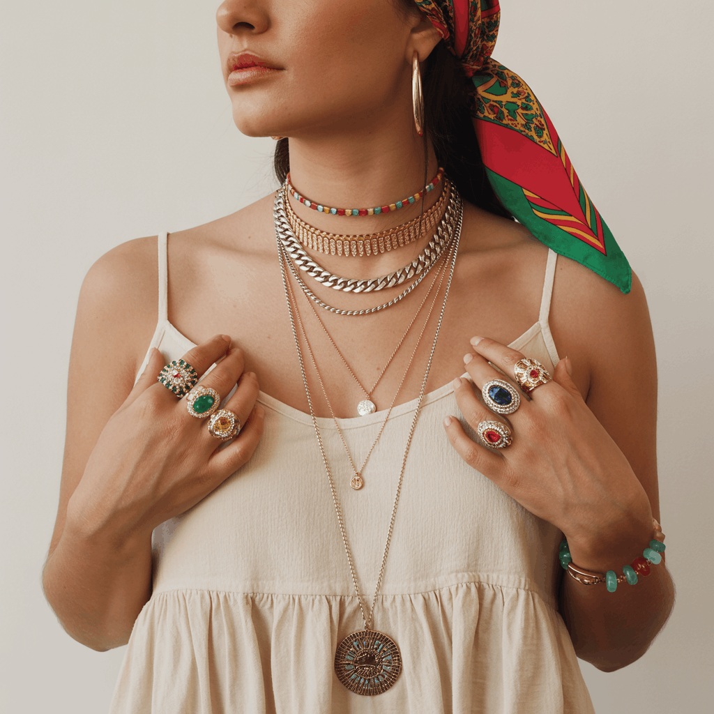 35 Cinco de Mayo Outfit Women Guide: Dress for Your Vibe, Not Just the Holiday 18 Woman wearing a simple white sundress styled with layered necklaces, stacked rings, and a colorful printed head scarf for a bold accessory-focused festive look.