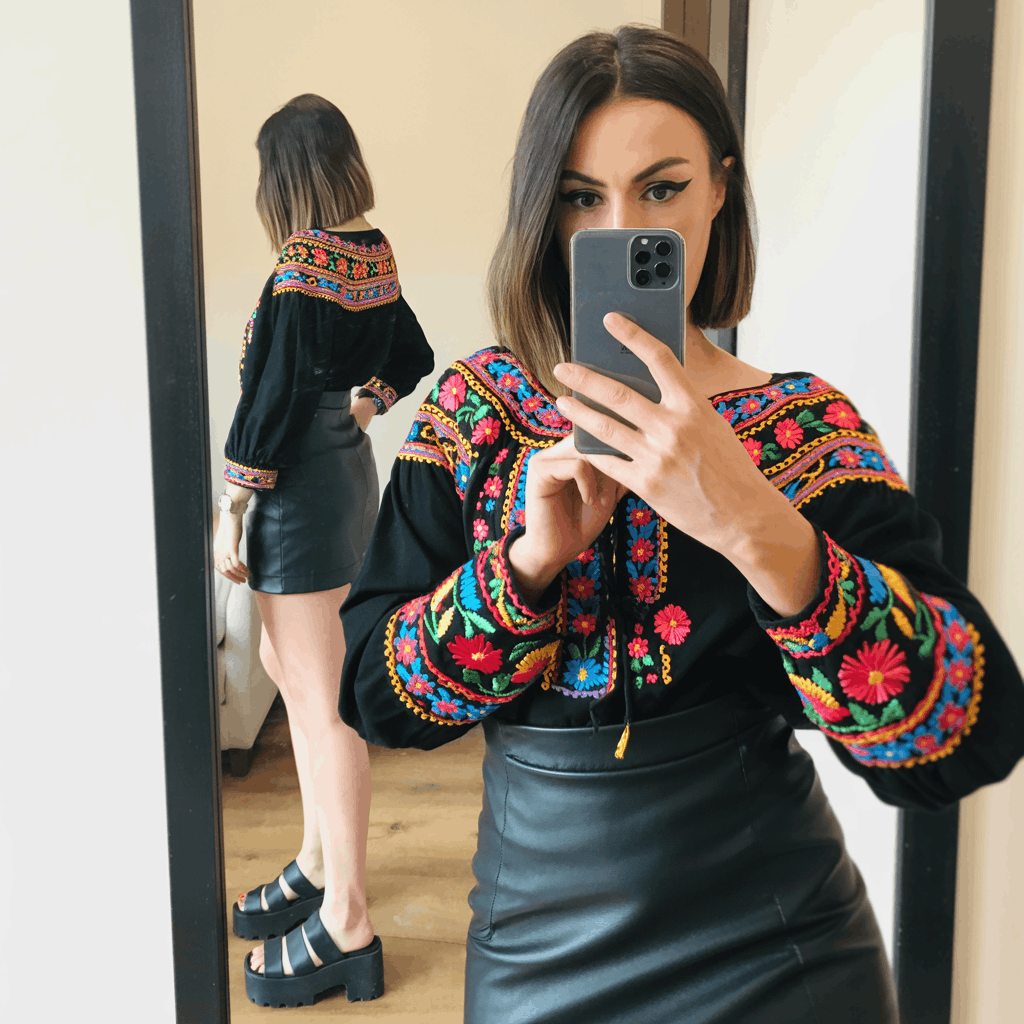 35 Cinco de Mayo Outfit Women Guide: Dress for Your Vibe, Not Just the Holiday 26 Woman wearing a black leather mini skirt with a colorful embroidered peasant blouse, chunky platform sandals, and bold eyeliner for an edgy festive outfit