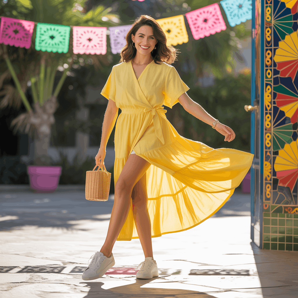 31 Cinco de Mayo Outfits Women Will Love (Because Life's Too Short to Wear Boring Colors) 2 Woman wearing a lemon yellow wrap dress with clean white sneakers and a small woven bag for a relaxed daytime Cinco de Mayo outfit