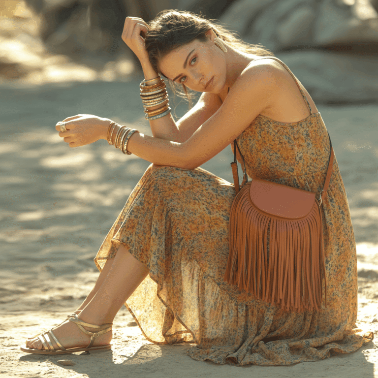 35 Cinco de Mayo Outfit Women Guide: Dress for Your Vibe, Not Just the Holiday 3 Cinco de Mayo Outfit Women Guide featuring a floral maxi sundress in earthy tones, fringe crossbody bag, stacked bangles, and simple flat sandals for a boho brunch look.