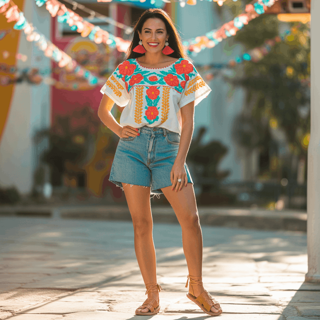 31 Cinco de Mayo Outfits Women Will Love (Because Life's Too Short to Wear Boring Colors) 15 Woman wearing a colorful embroidered Mexican-style blouse with high-waisted cutoff denim shorts and huarache sandals for a classic afternoon Cinco de Mayo outfit