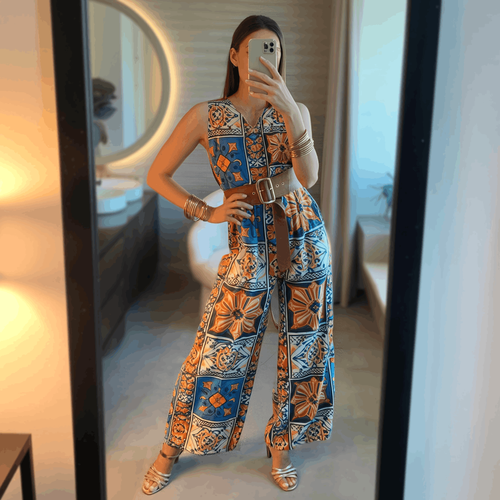 Wide-leg jumpsuit in a Talavera-inspired tile print with a waist belt, stacked bangles, and strappy heeled sandals for a standout festive look