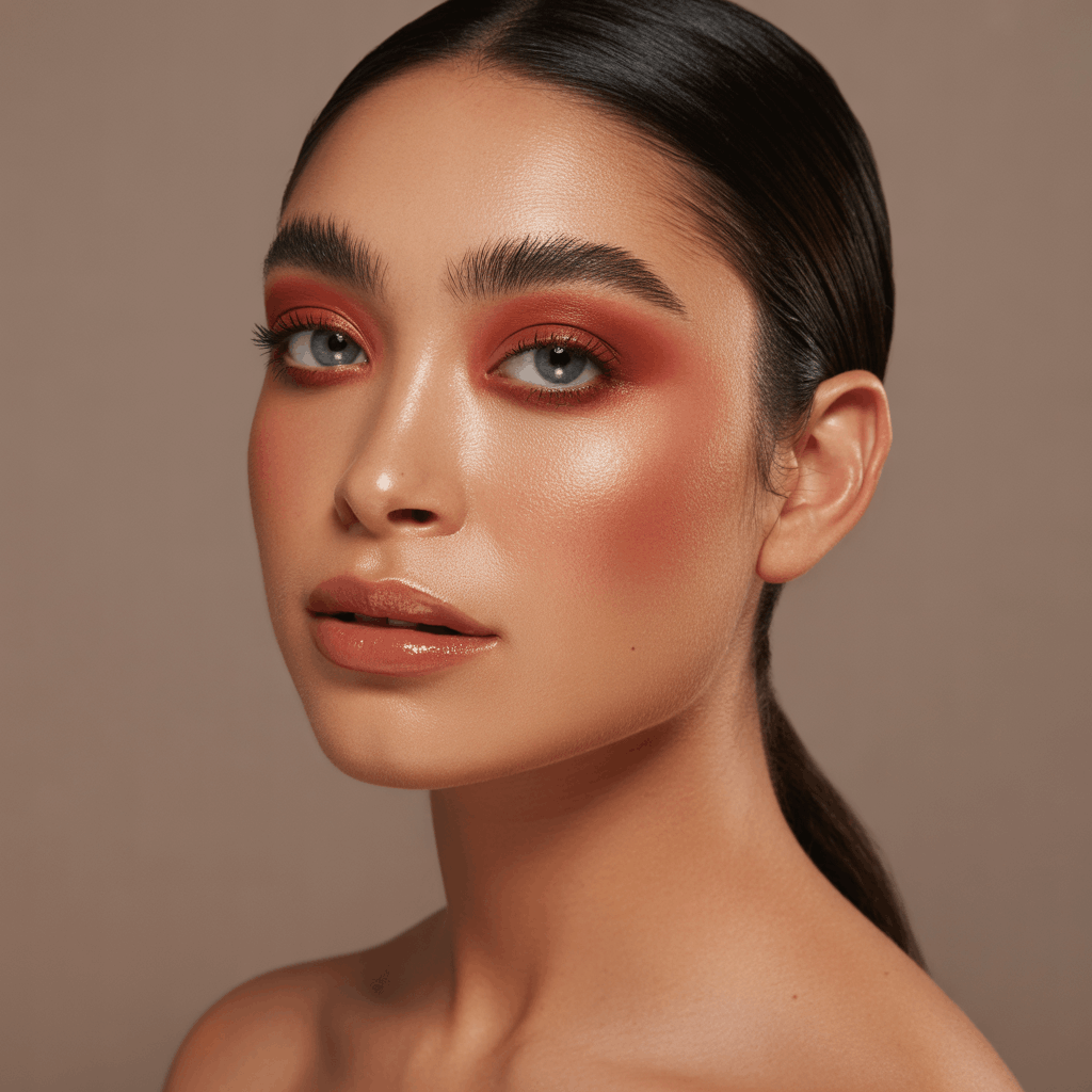 Close-up of a woman wearing a monochromatic terracotta makeup look with terracotta eyeshadow, terracotta blush, and terracotta-lined lips with nude gloss