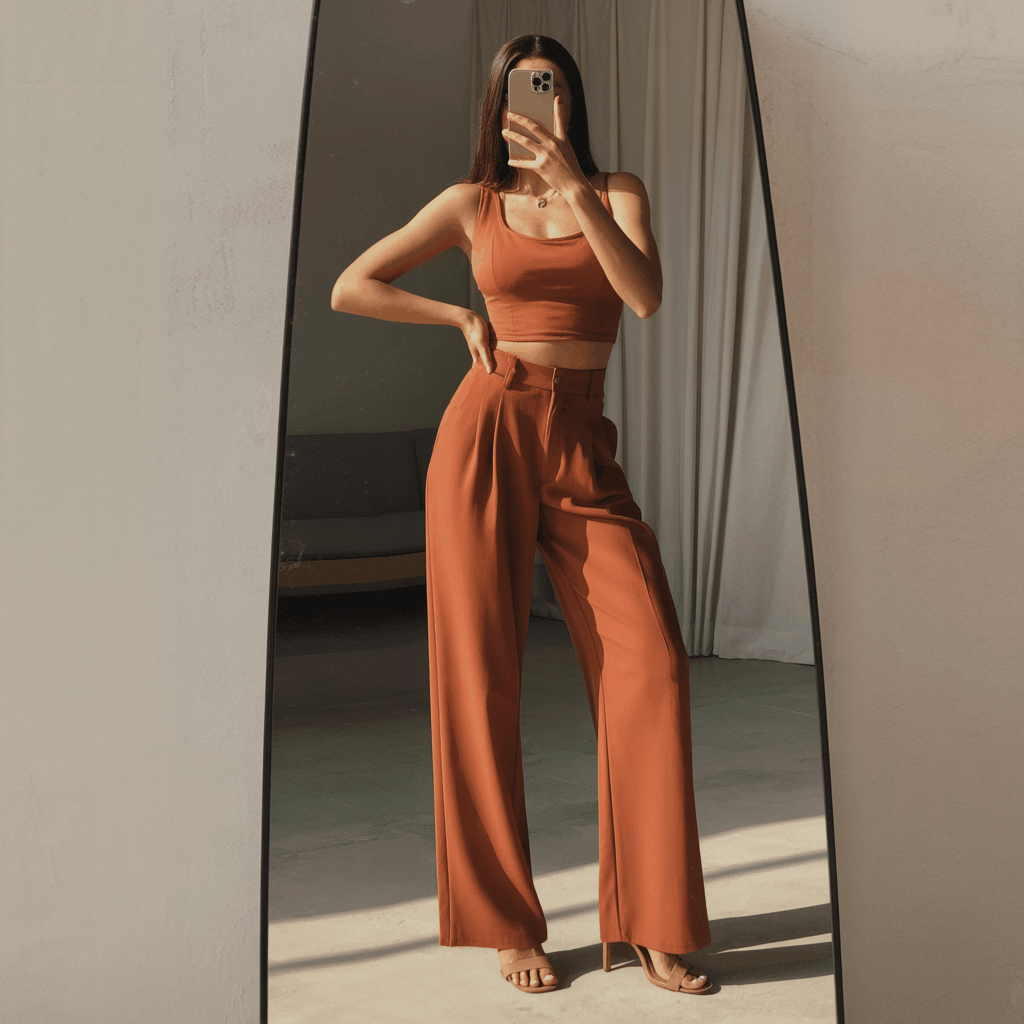 35 Cinco de Mayo Outfit Women Guide: Dress for Your Vibe, Not Just the Holiday 24 Woman wearing a monochrome terracotta co-ord set with nude heeled sandals or tan leather mules for a warm, minimalist festive outfit