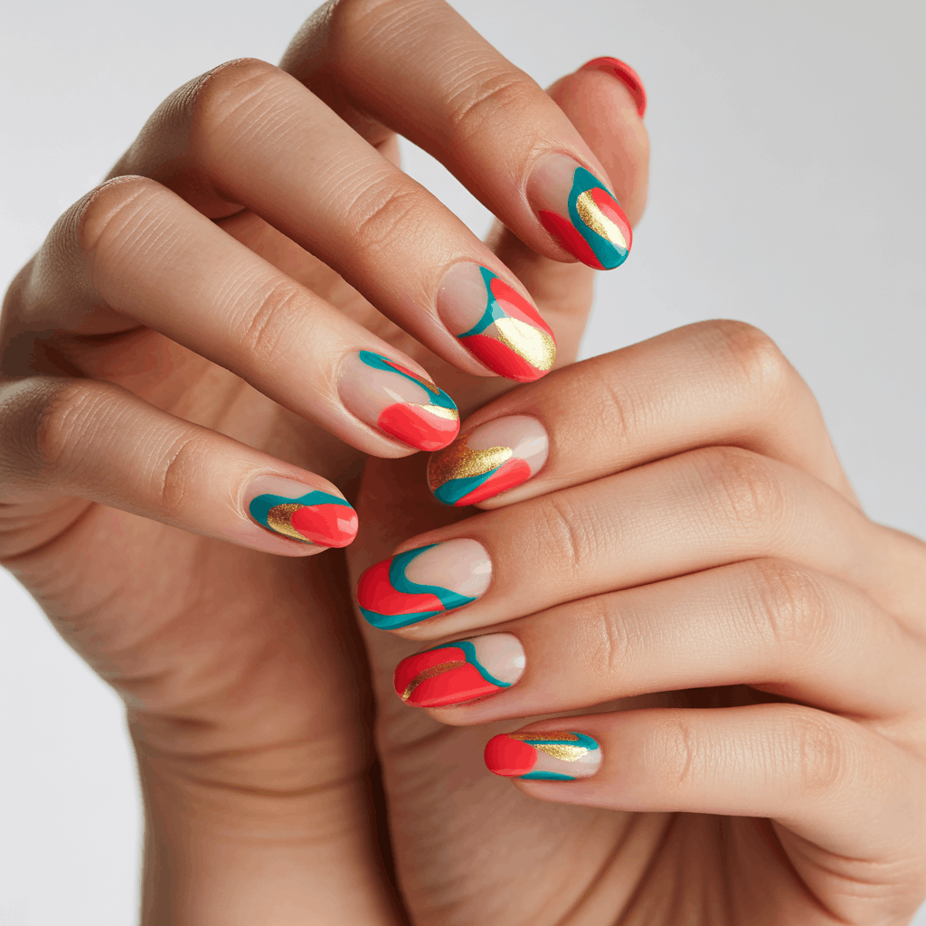 21 Cinco de Mayo Nails Ideas for the Most Stunning Festive Manicure 10 Negative space Cinco de Mayo nails with red and gold accents on a natural base, minimalist modern nail art featuring graphic half-painted designs and glossy finish